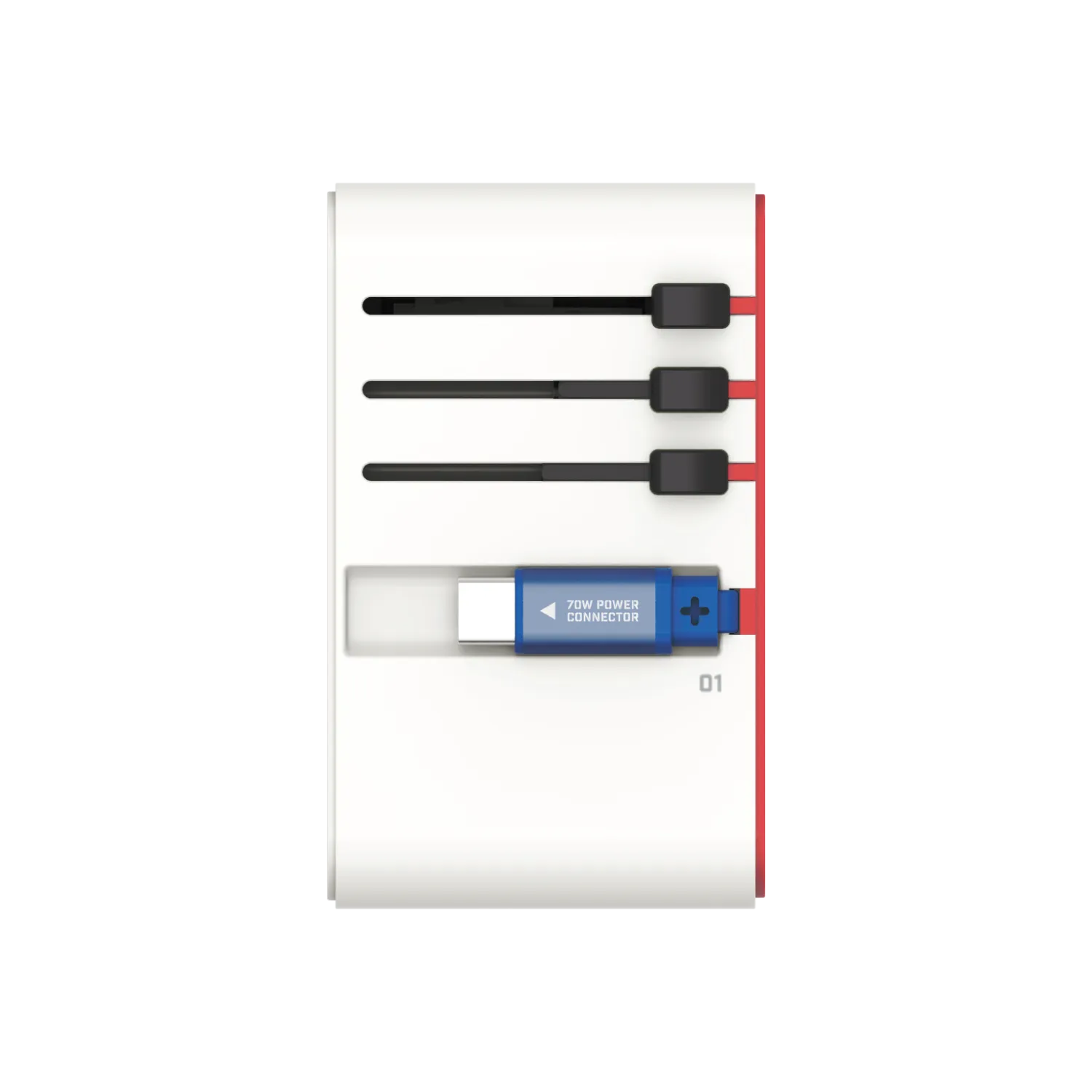 1-World  3-Port Travel GaN Charger With Built-in USB-C Cable 70W