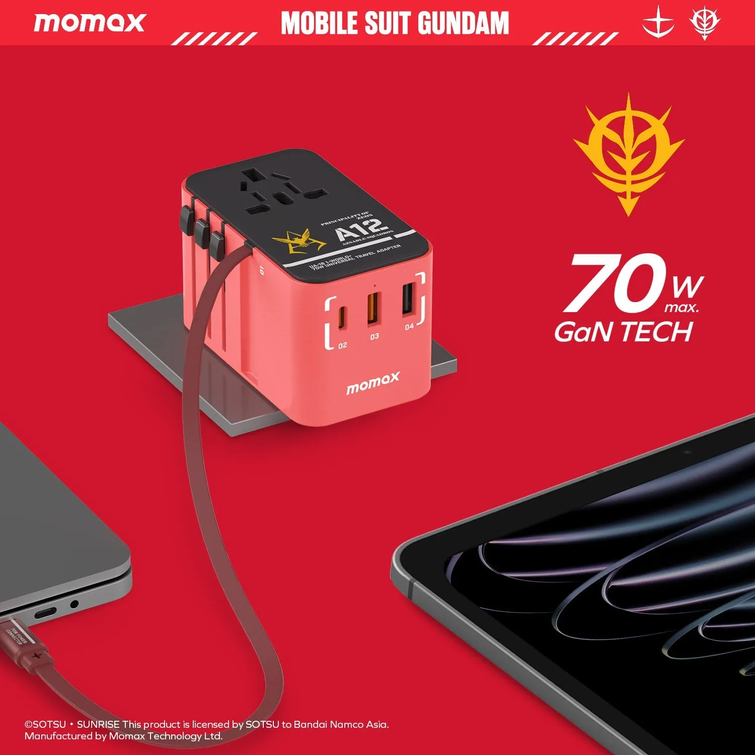 1-World  3-Port Travel GaN Charger With Built-in USB-C Cable 70W