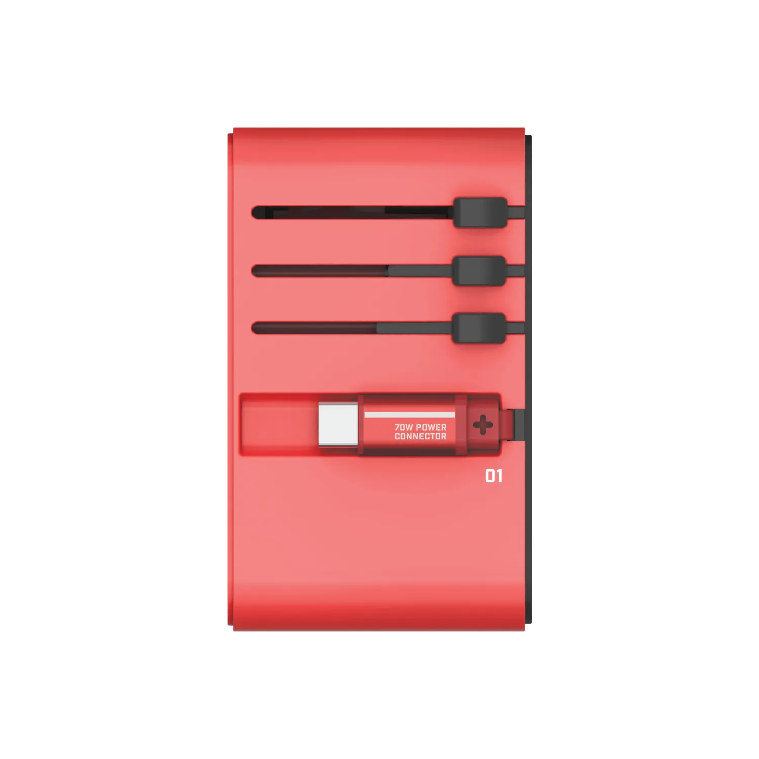 1-World  3-Port Travel GaN Charger With Built-in USB-C Cable 70W