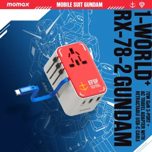 1-World  3-Port Travel GaN Charger With Built-in USB-C Cable 70W