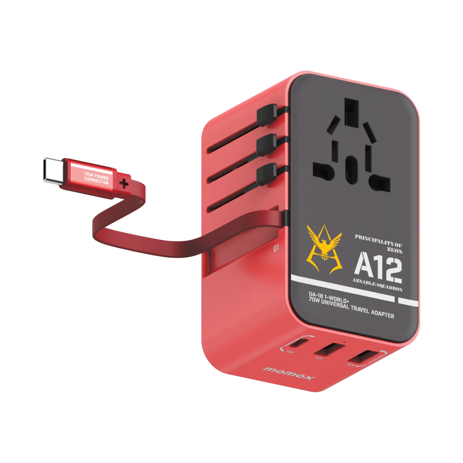 1-World  3-Port Travel GaN Charger With Built-in USB-C Cable 70W