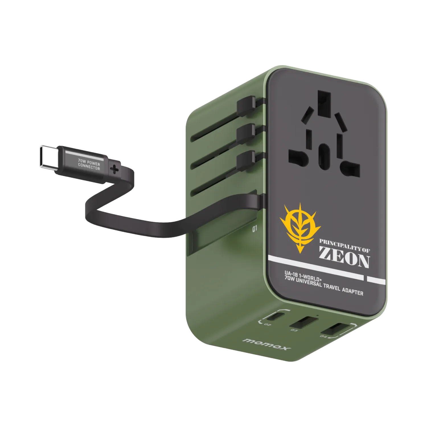 1-World  3-Port Travel GaN Charger With Built-in USB-C Cable 70W