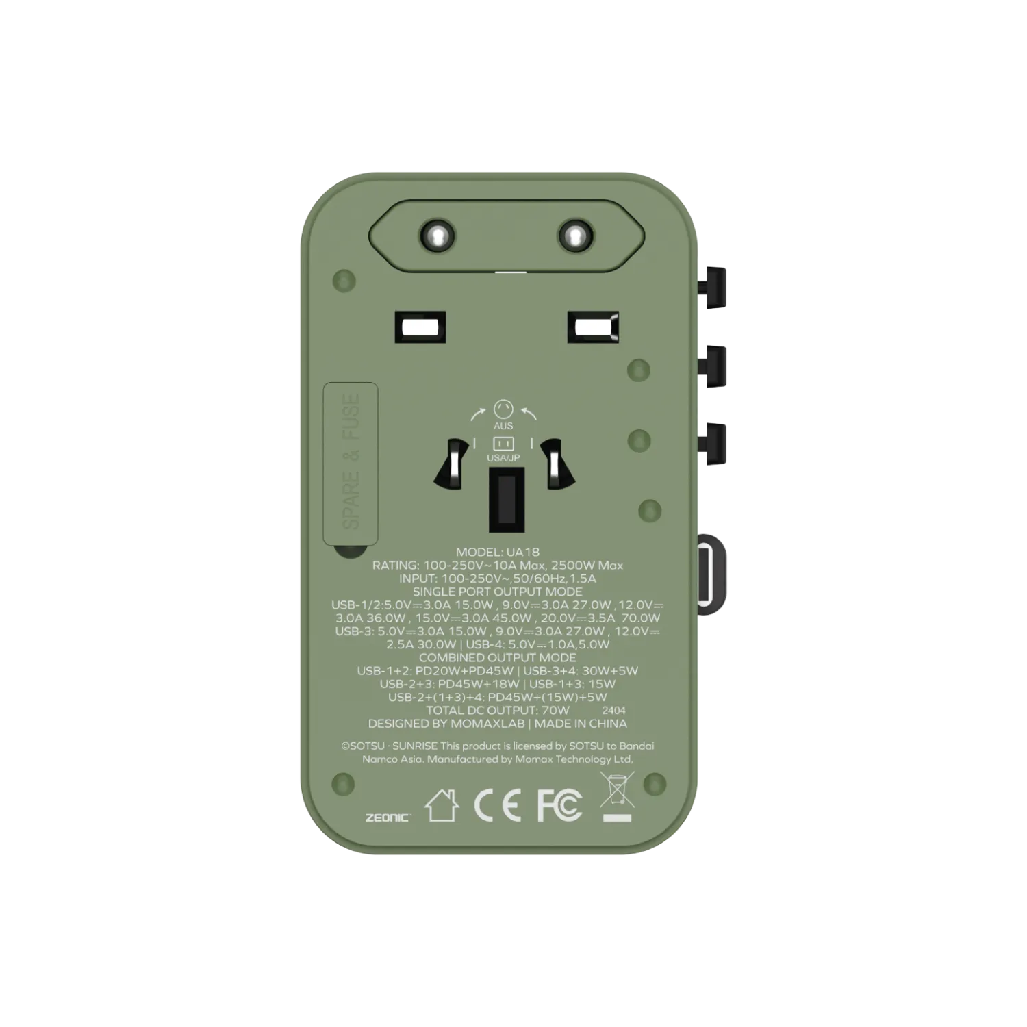 1-World  3-Port Travel GaN Charger With Built-in USB-C Cable 70W