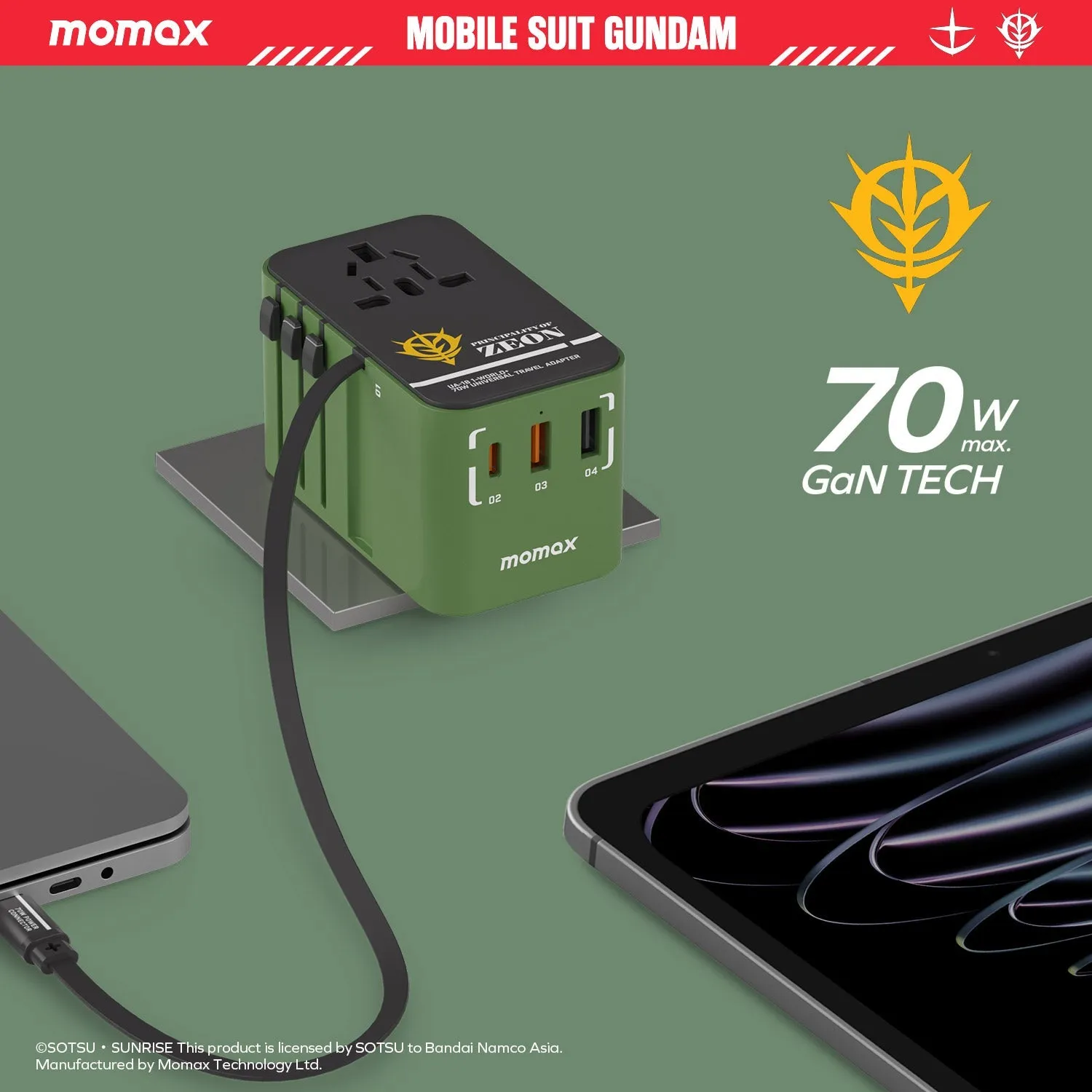 1-World  3-Port Travel GaN Charger With Built-in USB-C Cable 70W