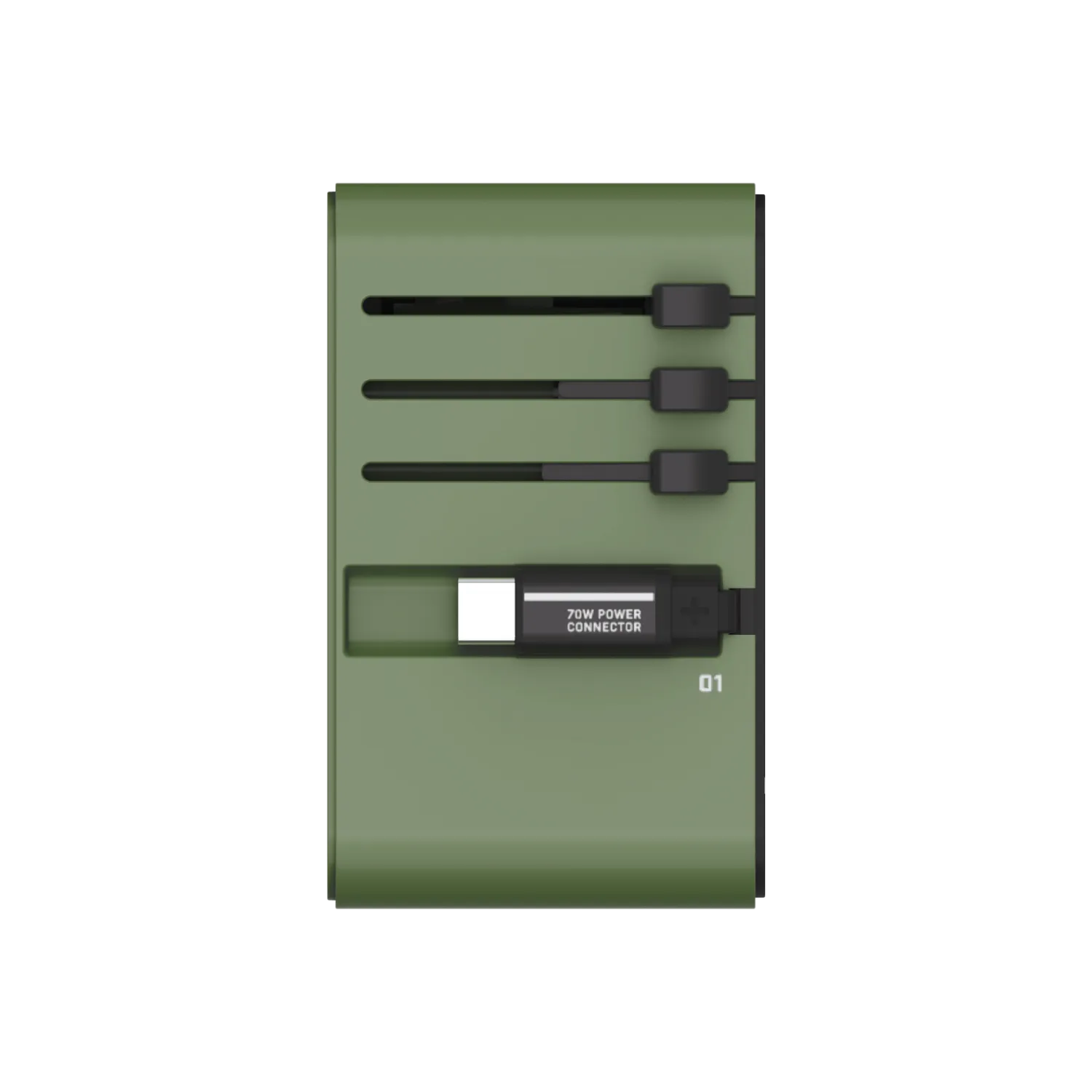 1-World  3-Port Travel GaN Charger With Built-in USB-C Cable 70W