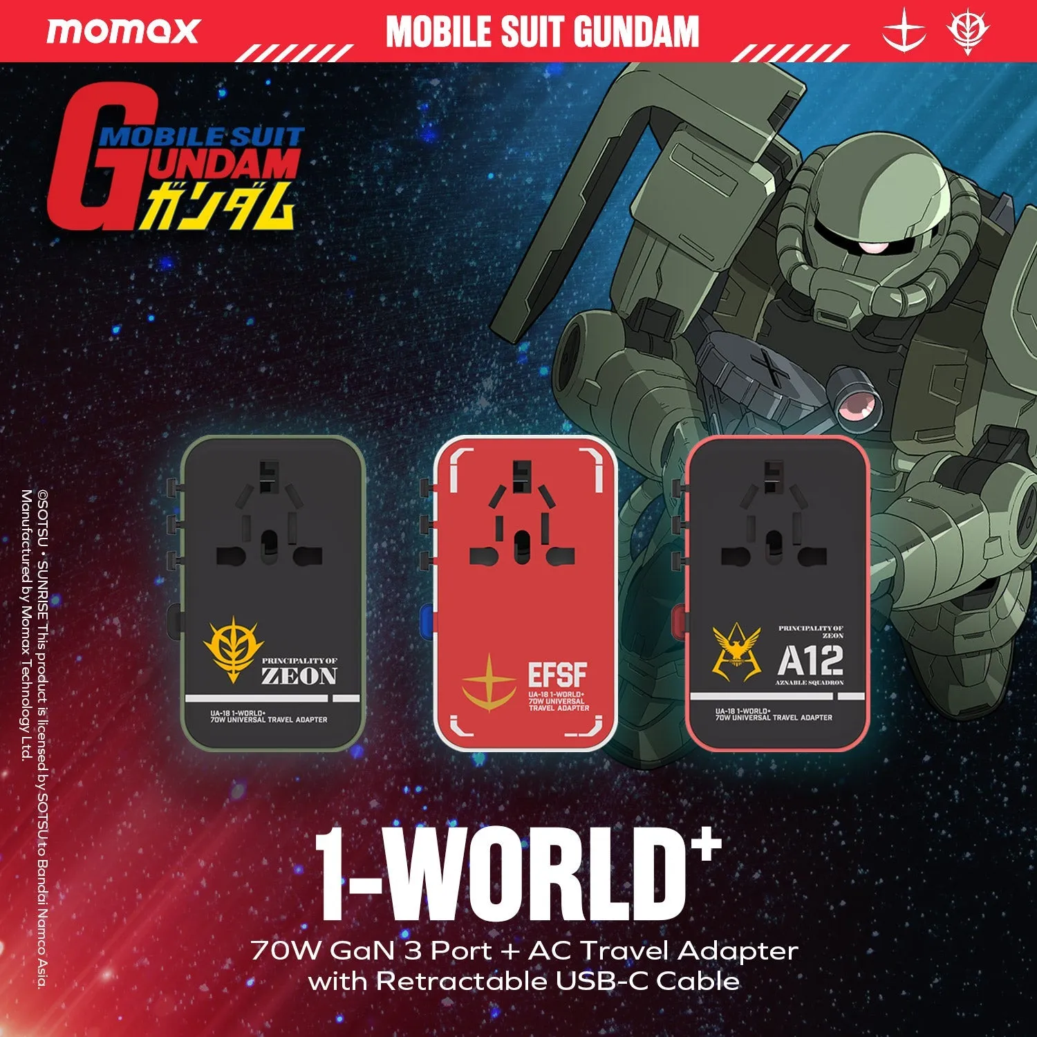1-World  3-Port Travel GaN Charger With Built-in USB-C Cable 70W