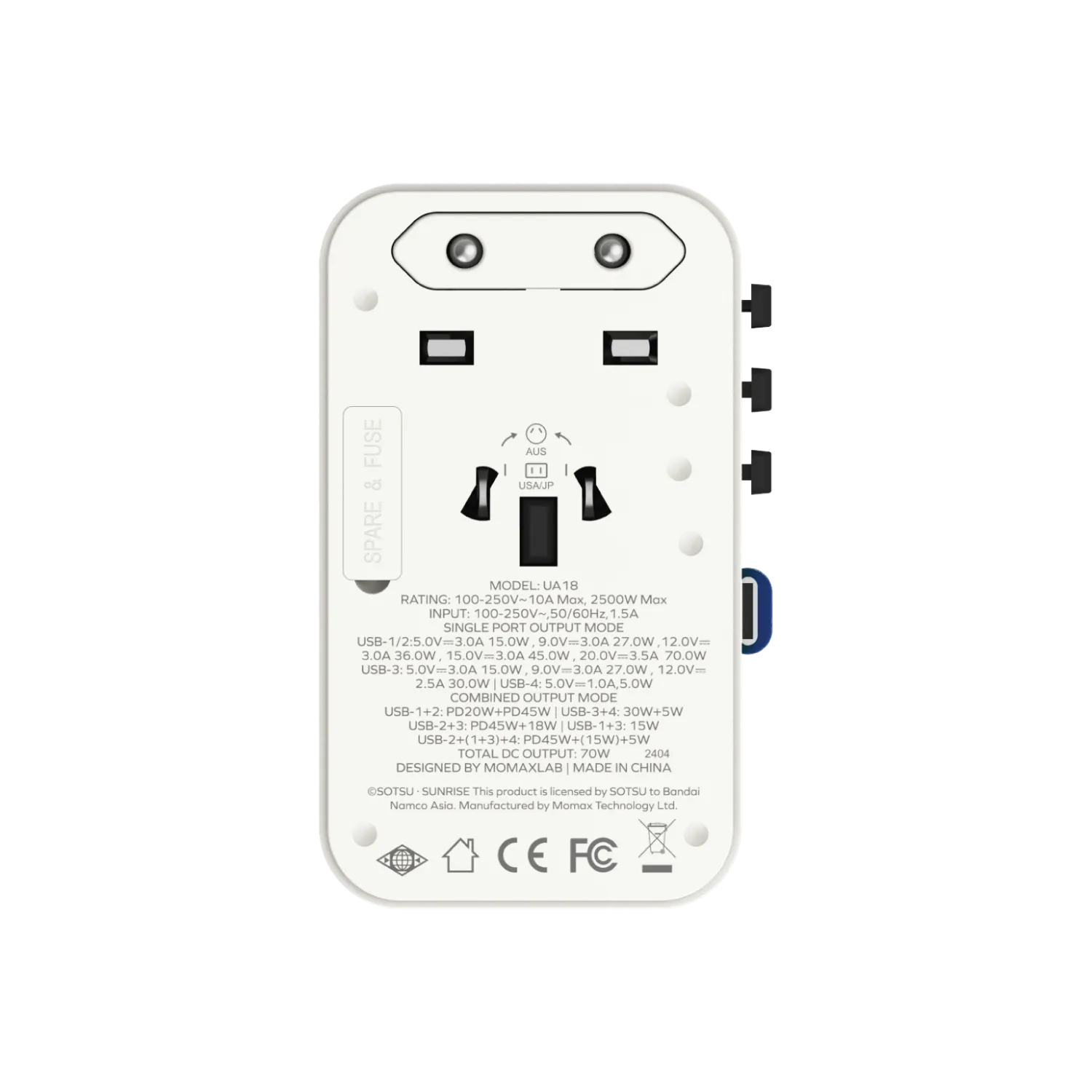 1-World  3-Port Travel GaN Charger With Built-in USB-C Cable 70W