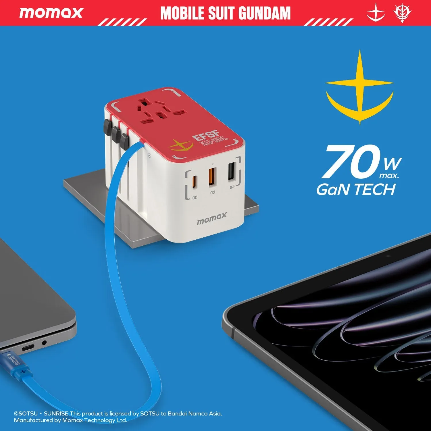 1-World  3-Port Travel GaN Charger With Built-in USB-C Cable 70W