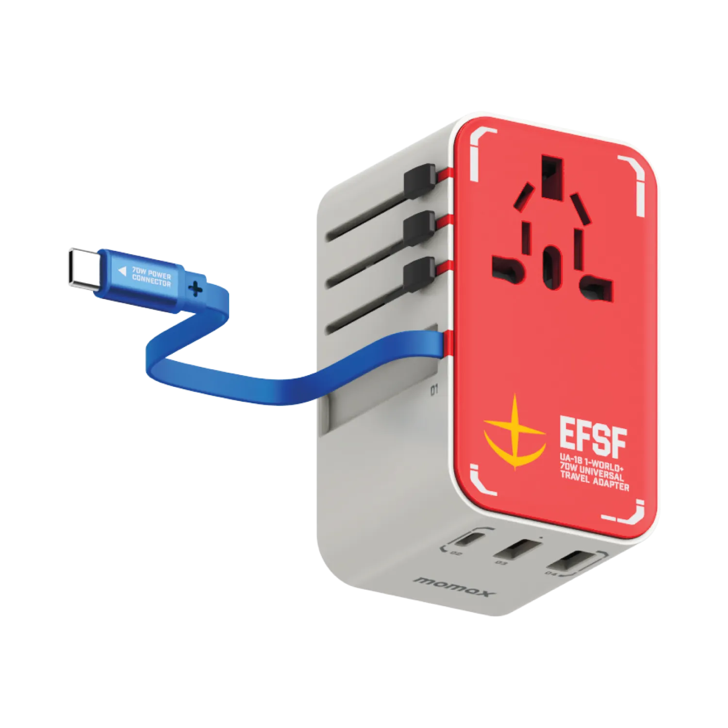 1-World  3-Port Travel GaN Charger With Built-in USB-C Cable 70W