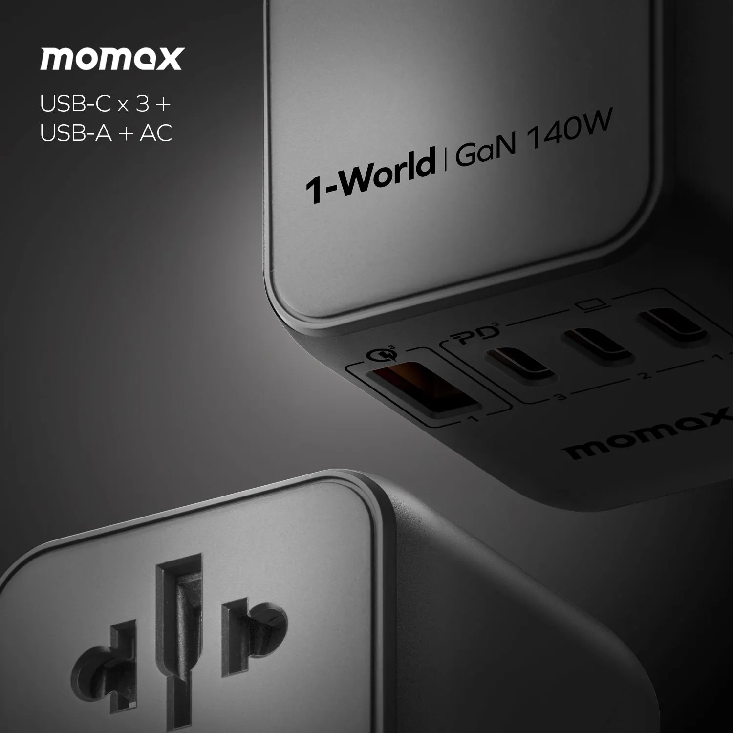 1-World Universal 4-Port Travel GaN Charger 140W   USB-C Cable