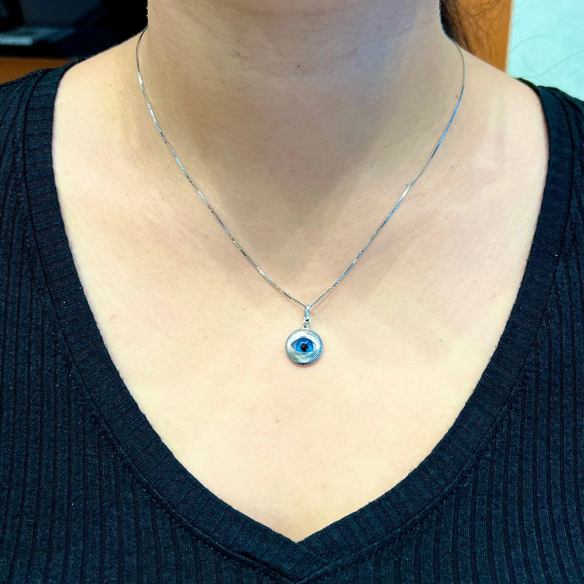 (14K, 18K) White Gold (16mm) Evil Eye Pendant