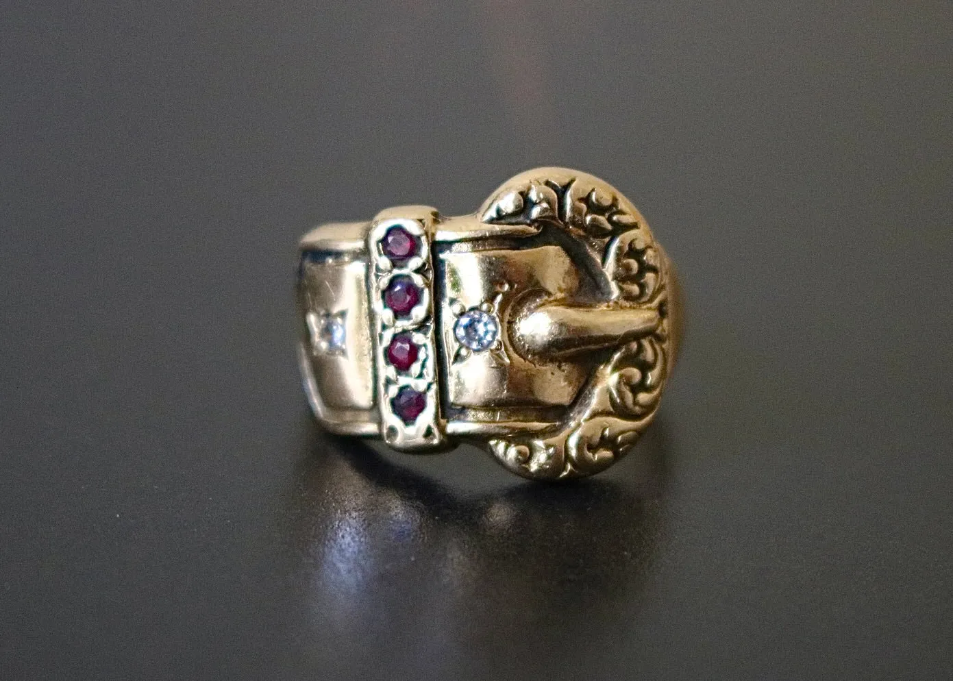 14k Gold Diamond Buckle Ring with Garnets