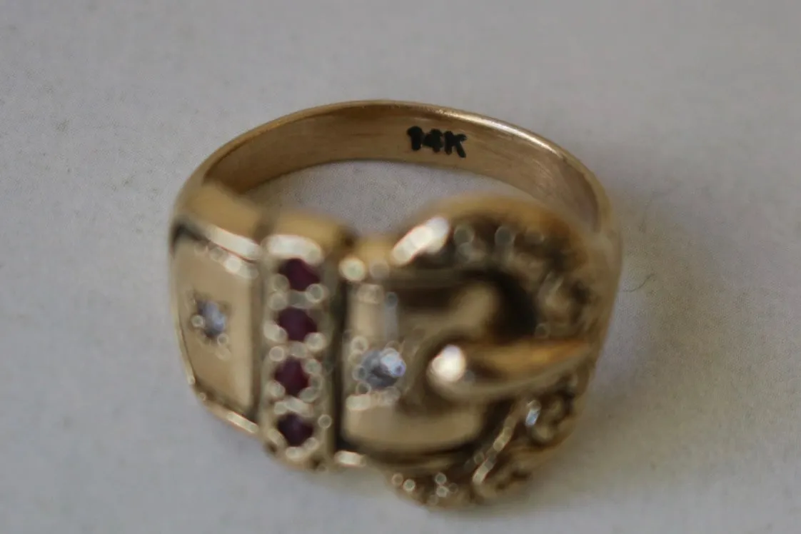 14k Gold Diamond Buckle Ring with Garnets