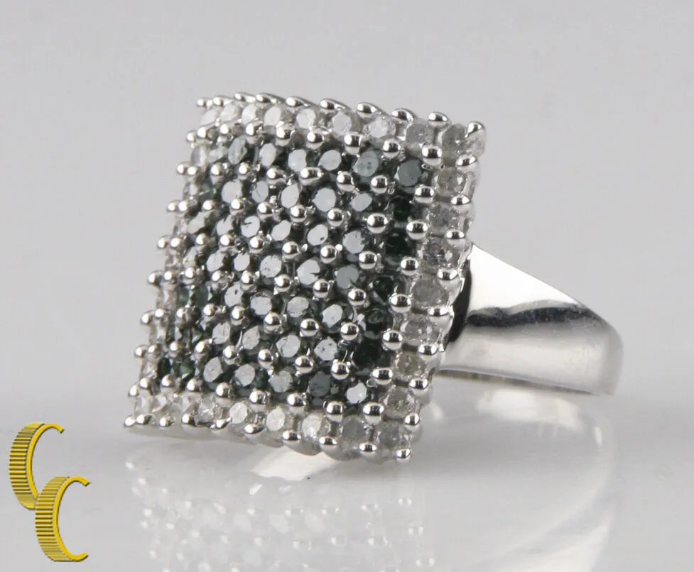 14k White Gold Green & White Diamond Plaque Ring Size 8.25 1.50 ct Gift for Her!
