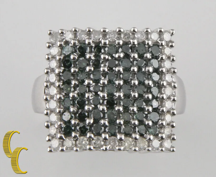 14k White Gold Green & White Diamond Plaque Ring Size 8.25 1.50 ct Gift for Her!