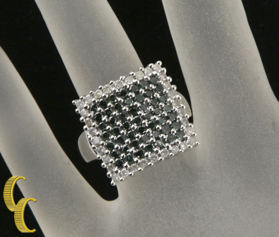14k White Gold Green & White Diamond Plaque Ring Size 8.25 1.50 ct Gift for Her!