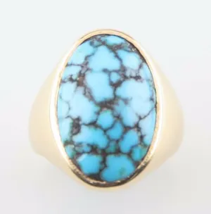 14K Yellow Gold Cracked Turquoise Oval Cabochon Ring Size 5 1/2 Beautiful!