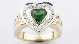 14K Yellow Gold Ladies Diamond Heart Shaped Green Tourmaline Ring Beautiful Gift