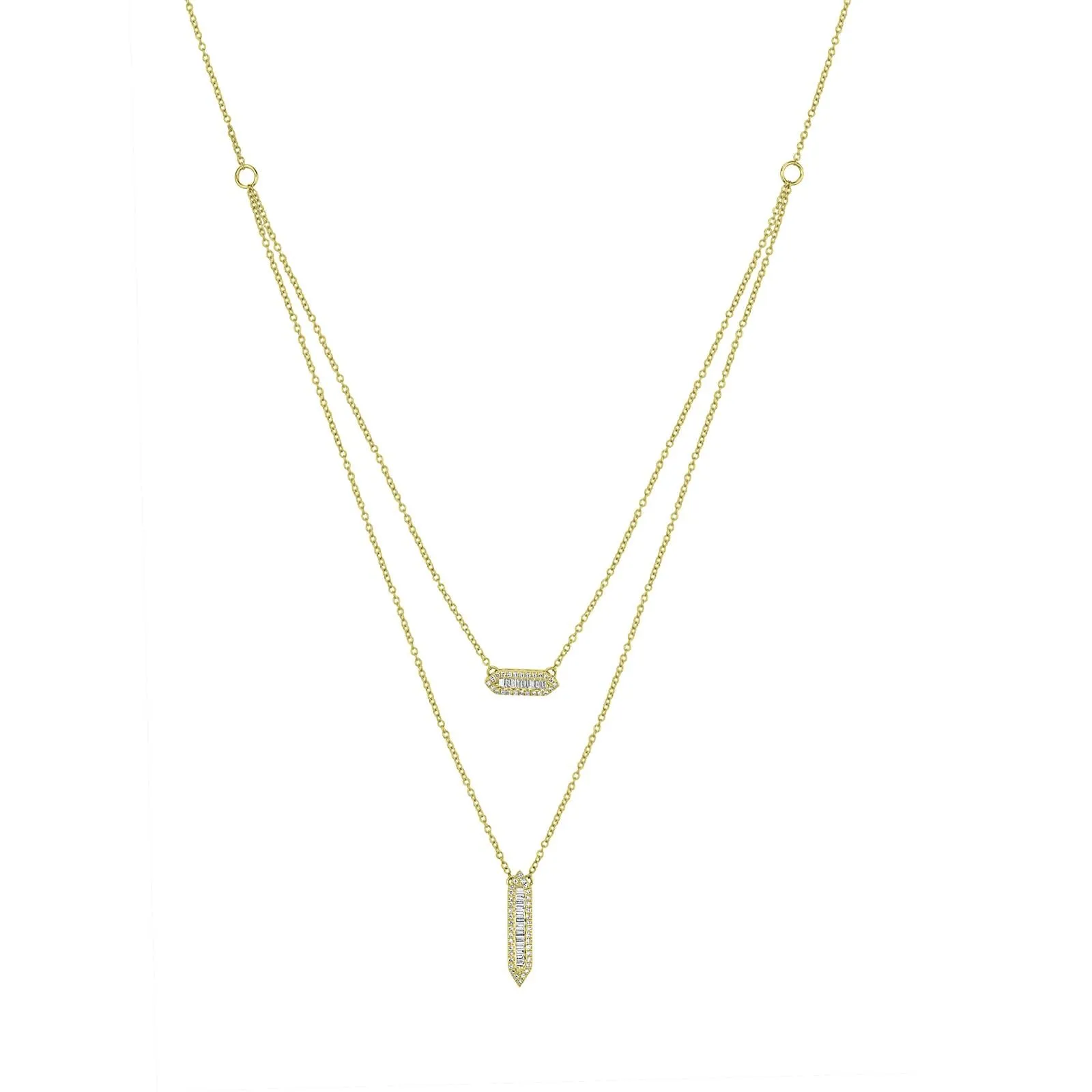 14K Yellow Gold Layered Necklace with Diamond Bar Pendants