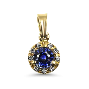 14k Yellow Gold Sapphire and Diamond Halo Pendant