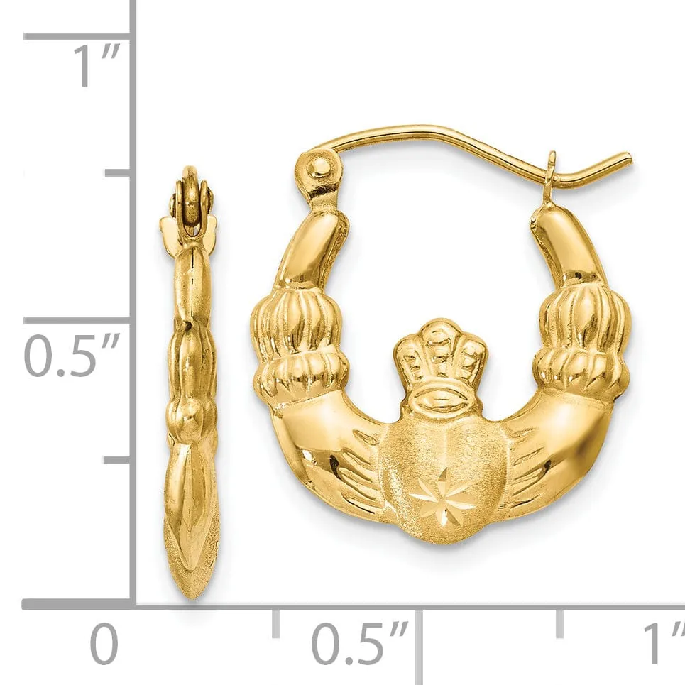 14k Yellow Gold Satin Claddagh Hoop Earrings