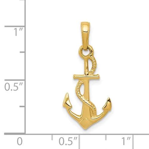 14K Yellow Gold Solid Polished 3-D Anchor Pendant