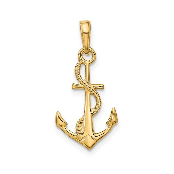 14K Yellow Gold Solid Polished 3-D Anchor Pendant