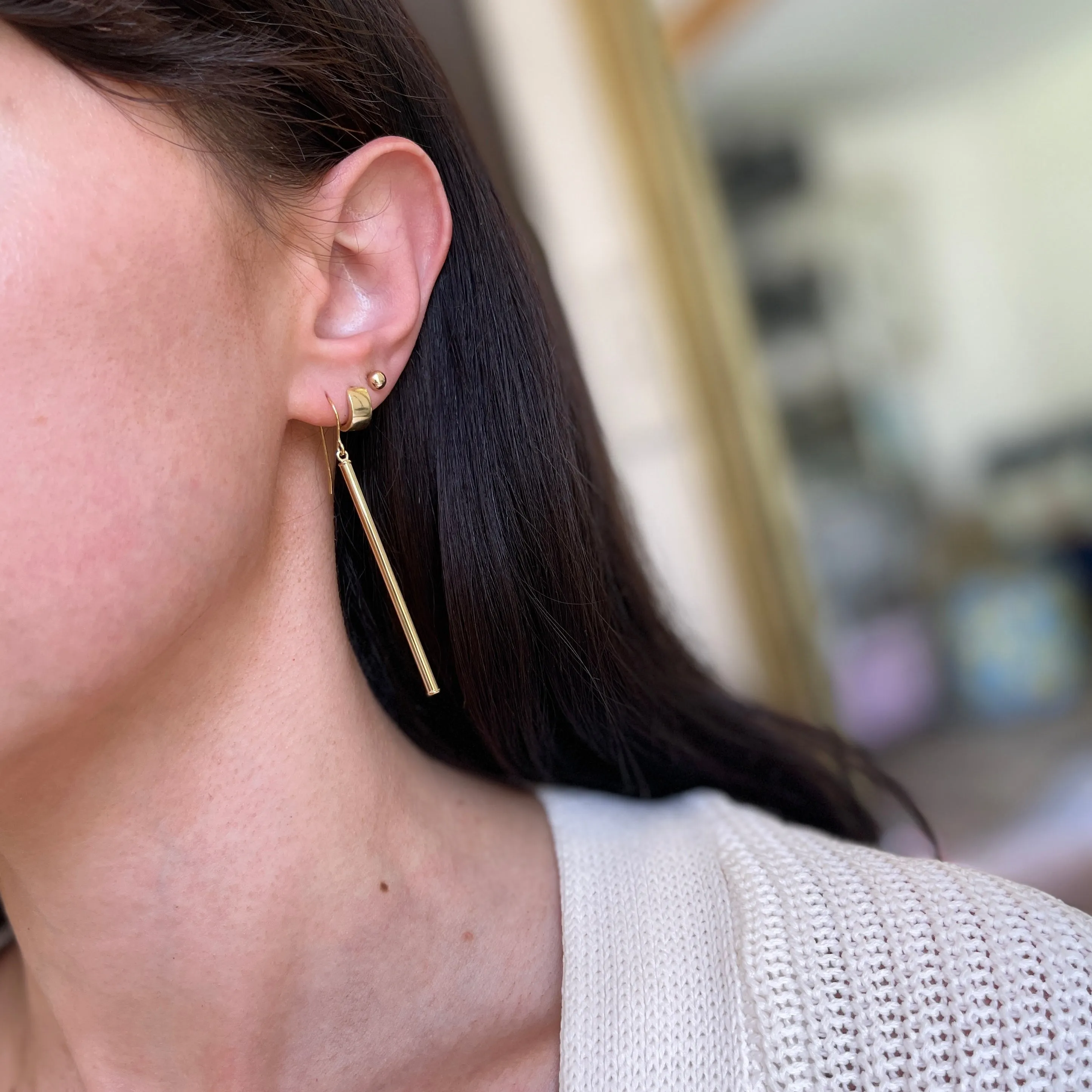 14KT Yellow Gold Long Cylinder Bar Earrings