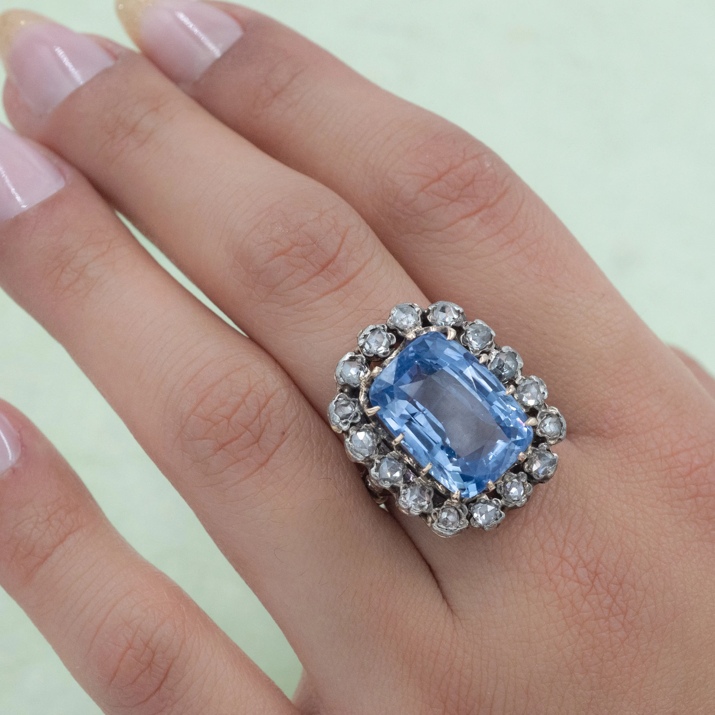 16.44 Carat Ceylon Sapphire & Rose-Cut Diamond Ring