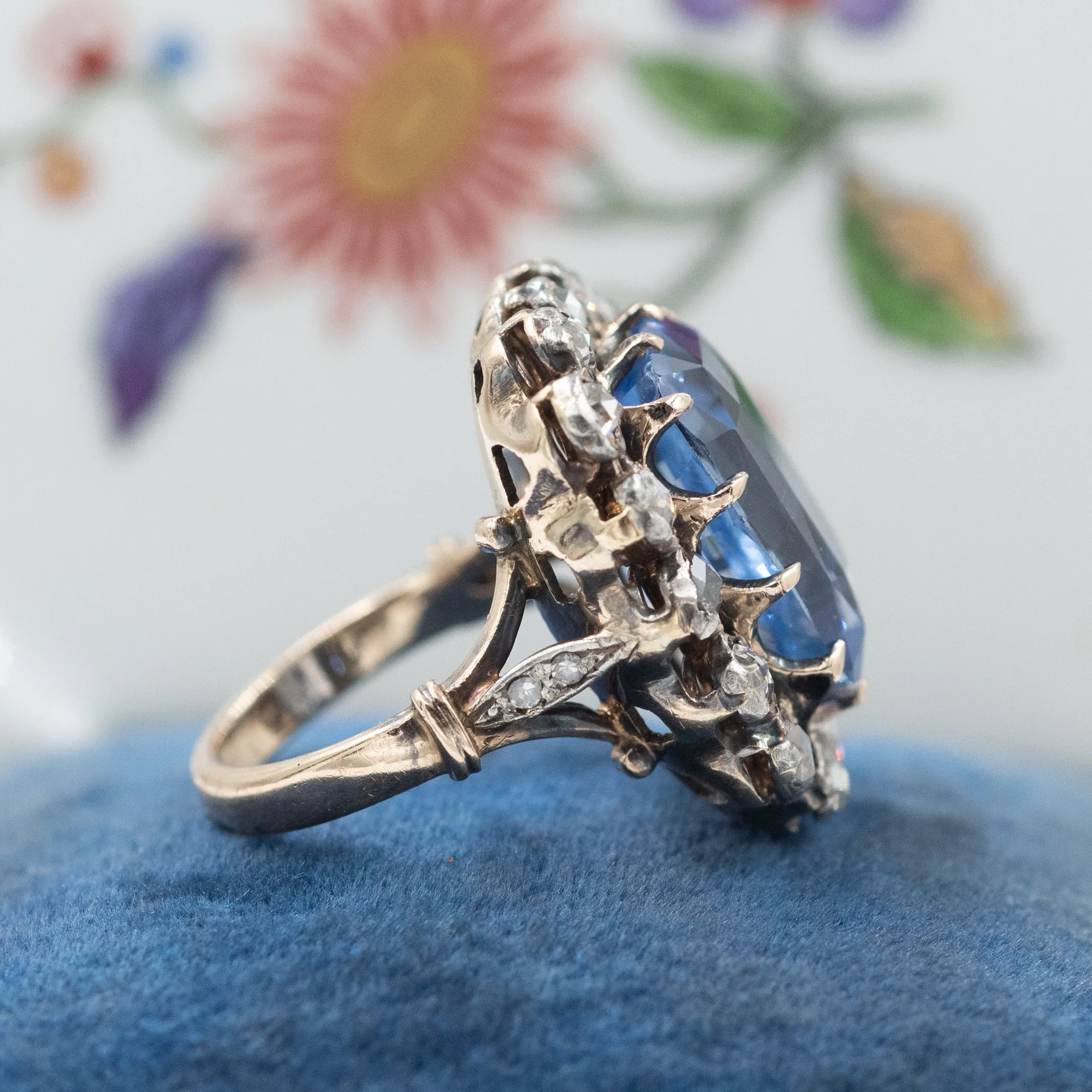 16.44 Carat Ceylon Sapphire & Rose-Cut Diamond Ring