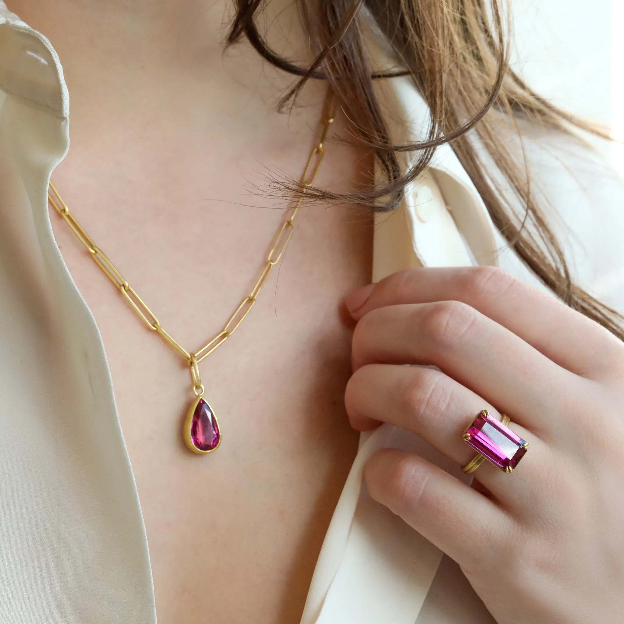 18 & 22K Gold Bezel-Set Bright Pink Tourmaline Pendant