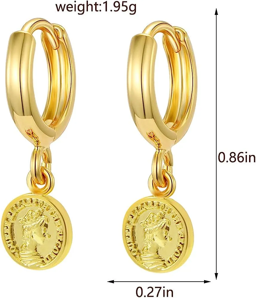 18K Gold Coin Dangle Earrings for Women