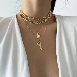 18K Gold-Plated Lock & Key Pendant Necklace Set
