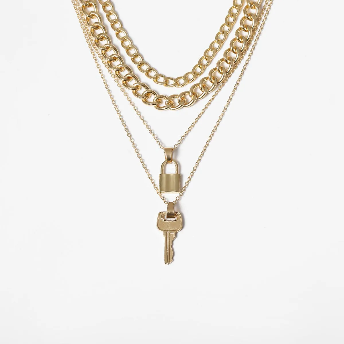 18K Gold-Plated Lock & Key Pendant Necklace Set