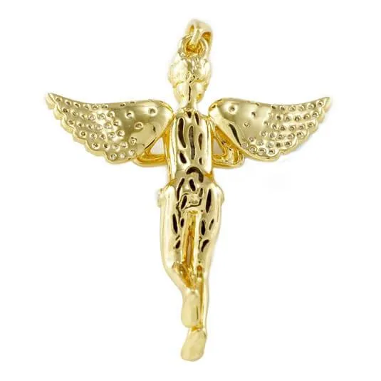 18k Gold Praying Mini Angel Pendant With Rhodium Prongs and Box Chain