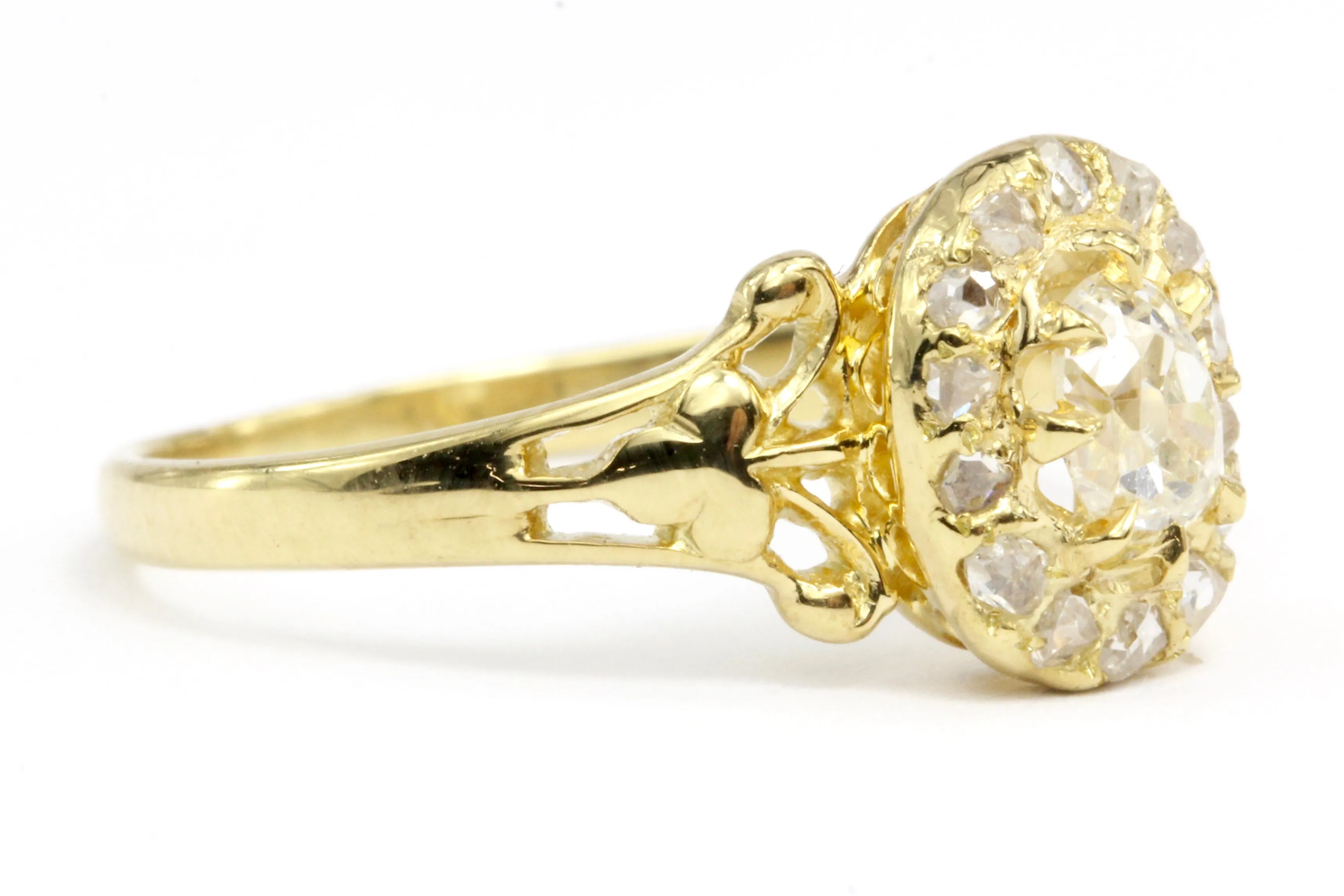 18K Gold Victorian Old Mine Cut Oval Engagement Ring Set w/ Rose Cut Diamonds