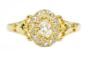 18K Gold Victorian Old Mine Cut Oval Engagement Ring Set w/ Rose Cut Diamonds