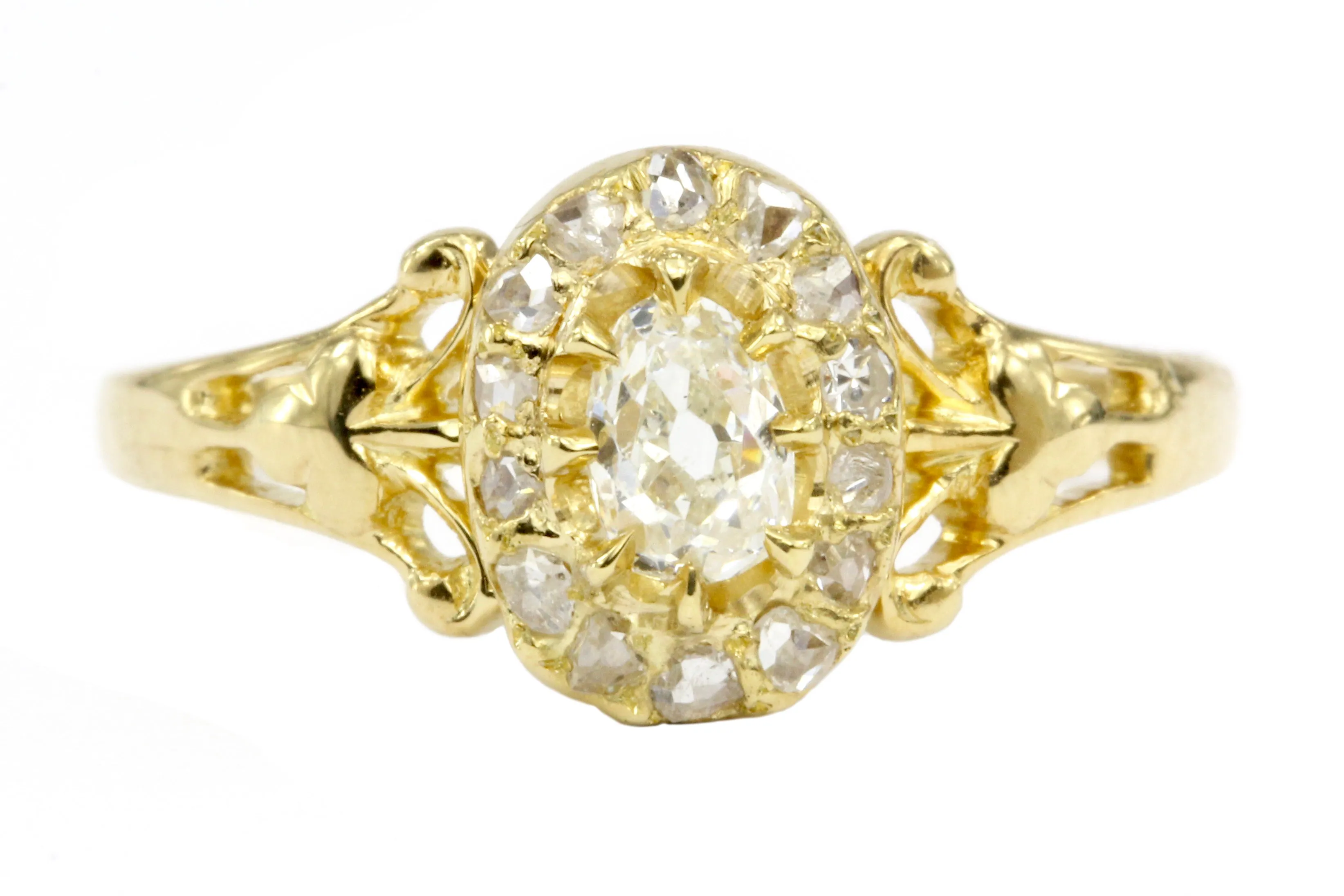 18K Gold Victorian Old Mine Cut Oval Engagement Ring Set w/ Rose Cut Diamonds