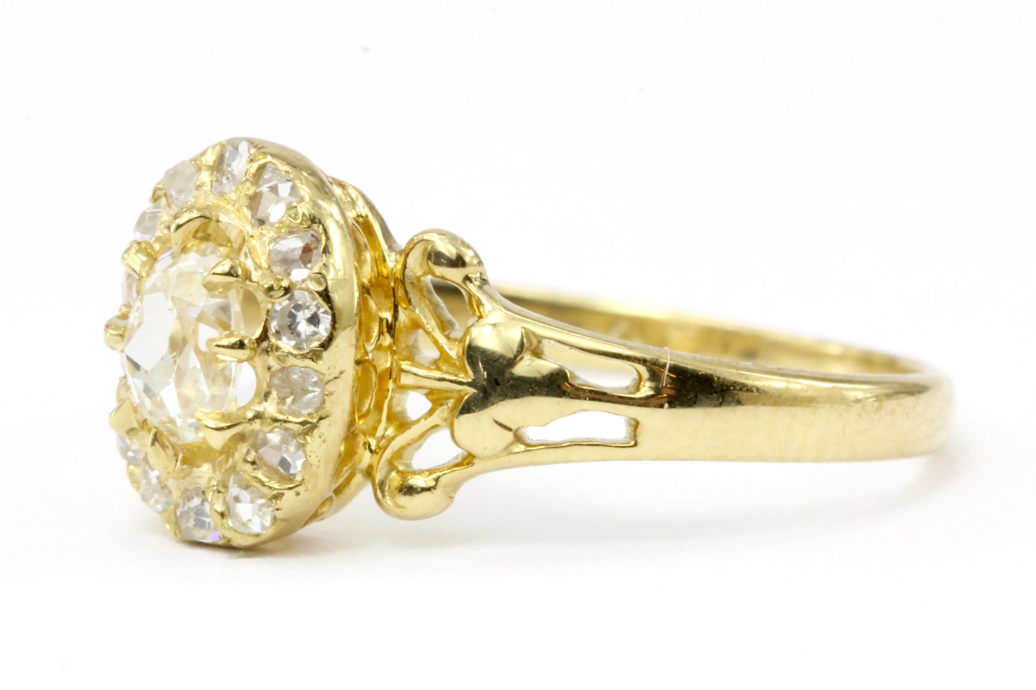 18K Gold Victorian Old Mine Cut Oval Engagement Ring Set w/ Rose Cut Diamonds