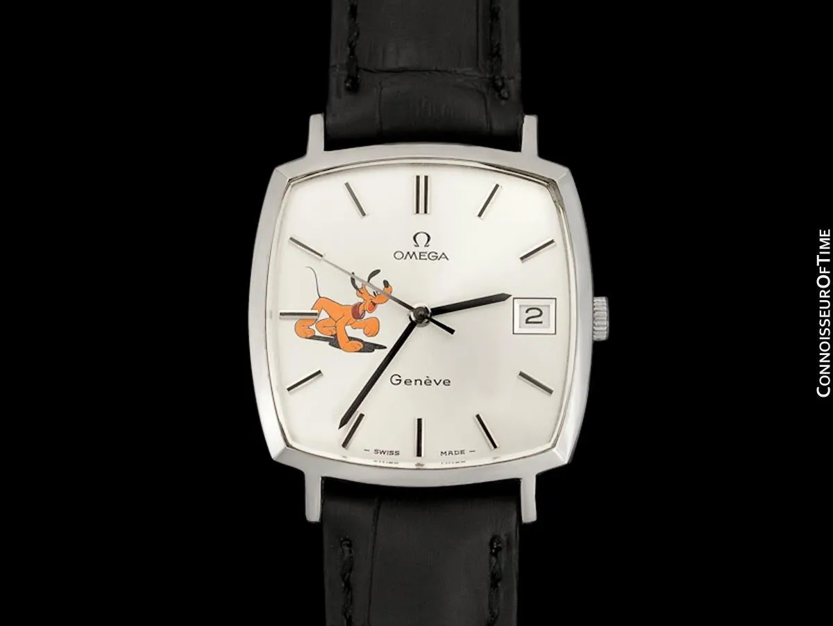 1975 Omega Geneve Vintage Mens Unisex Handwound Dress Watch with Disney's Pluto Dog - Stainless Steel