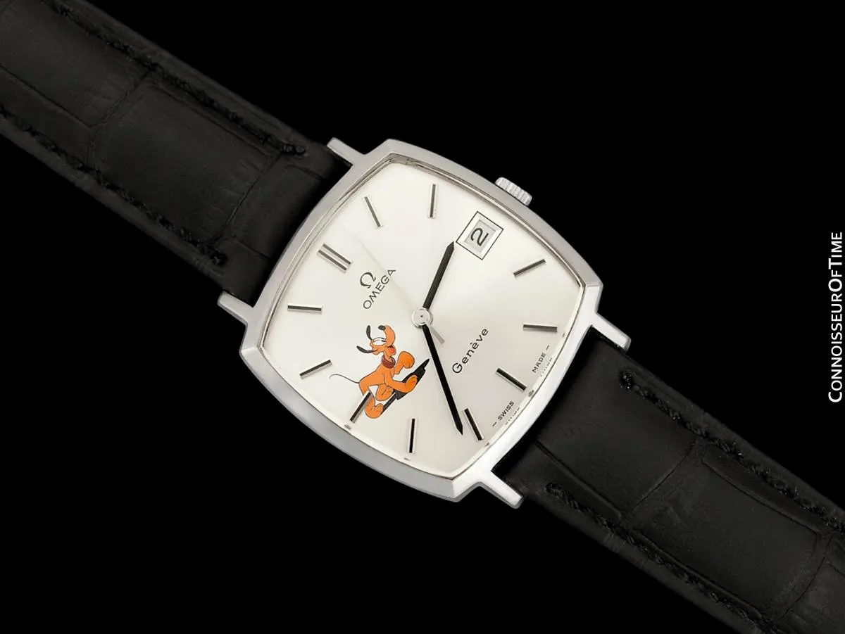 1975 Omega Geneve Vintage Mens Unisex Handwound Dress Watch with Disney's Pluto Dog - Stainless Steel