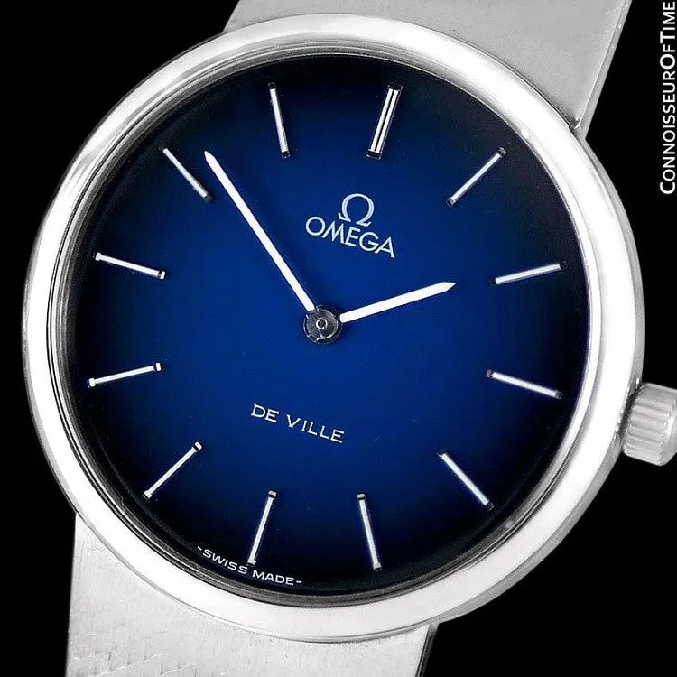 1977 Omega De Ville Vintage Mens Handwound Dress Watch, Blue Vignette Dial - Stainless Steel