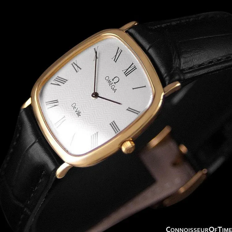 1980's Omega De Ville Vintage Mens Midsize Ultra Thin Dress Watch - 18K Gold Plated & Stainless Steel