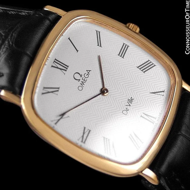 1980's Omega De Ville Vintage Mens Midsize Ultra Thin Dress Watch - 18K Gold Plated & Stainless Steel