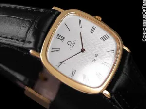 1980's Omega De Ville Vintage Mens Midsize Ultra Thin Dress Watch - 18K Gold Plated & Stainless Steel
