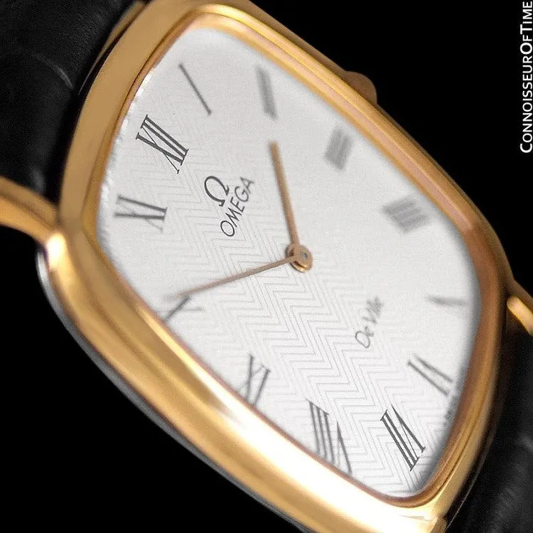 1980's Omega De Ville Vintage Mens Midsize Ultra Thin Dress Watch - 18K Gold Plated & Stainless Steel