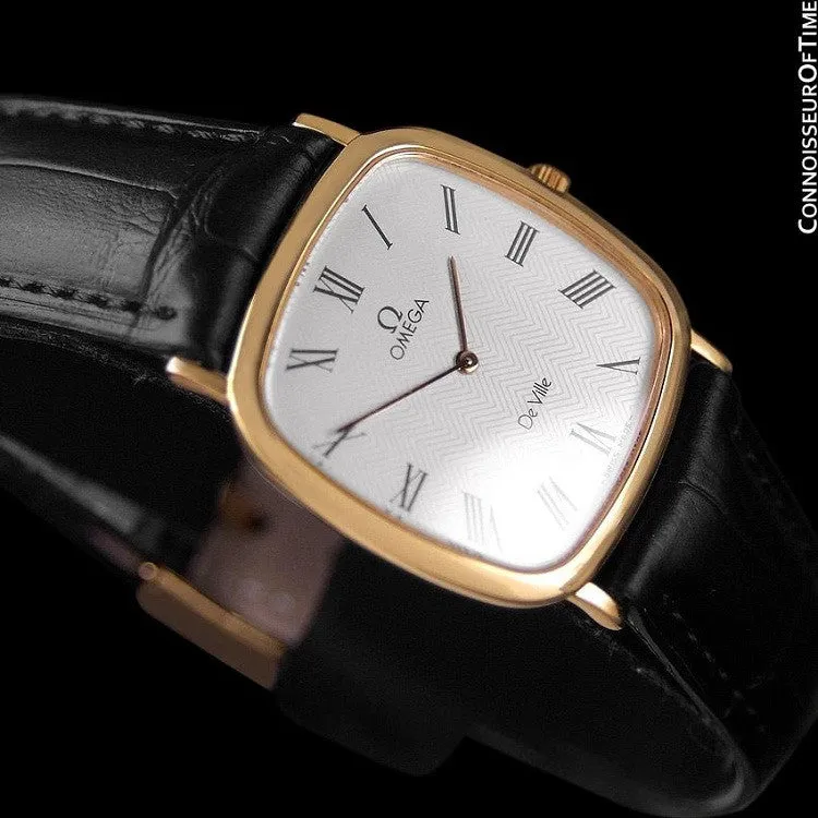 1980's Omega De Ville Vintage Mens Midsize Ultra Thin Dress Watch - 18K Gold Plated & Stainless Steel
