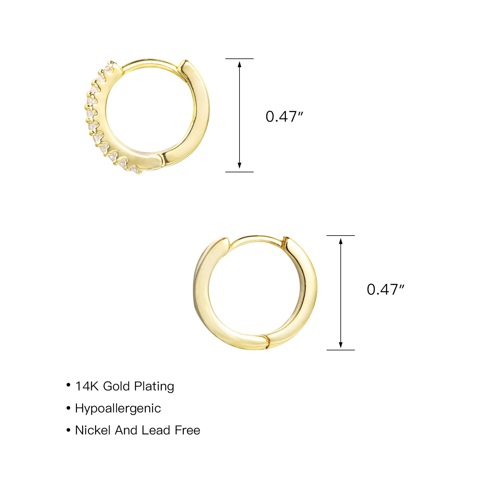 2 Pair 14K Gold Huggie Hoop Cubic Zirconia Cuff Earrings