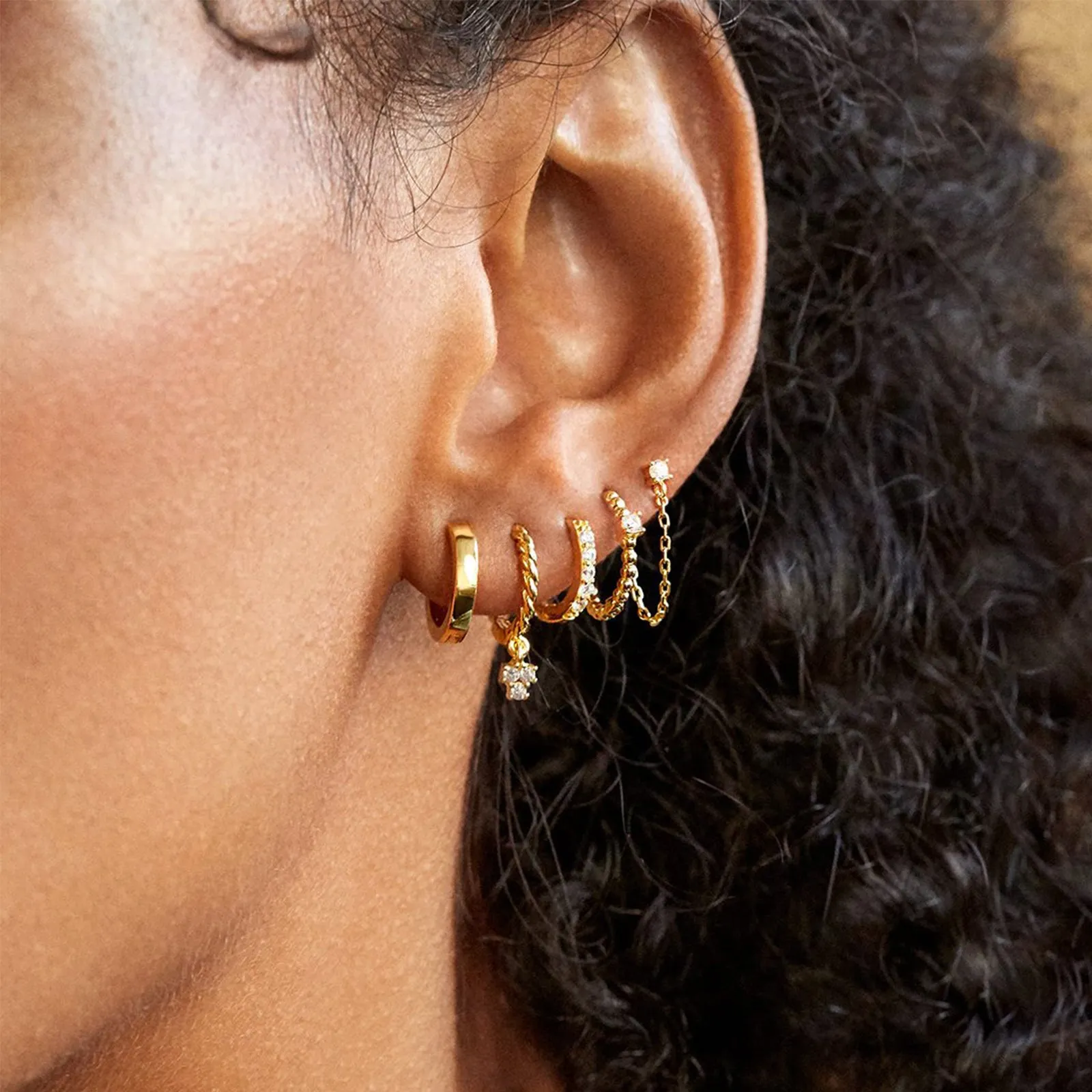 2 Pair 14K Gold Huggie Hoop Cubic Zirconia Cuff Earrings