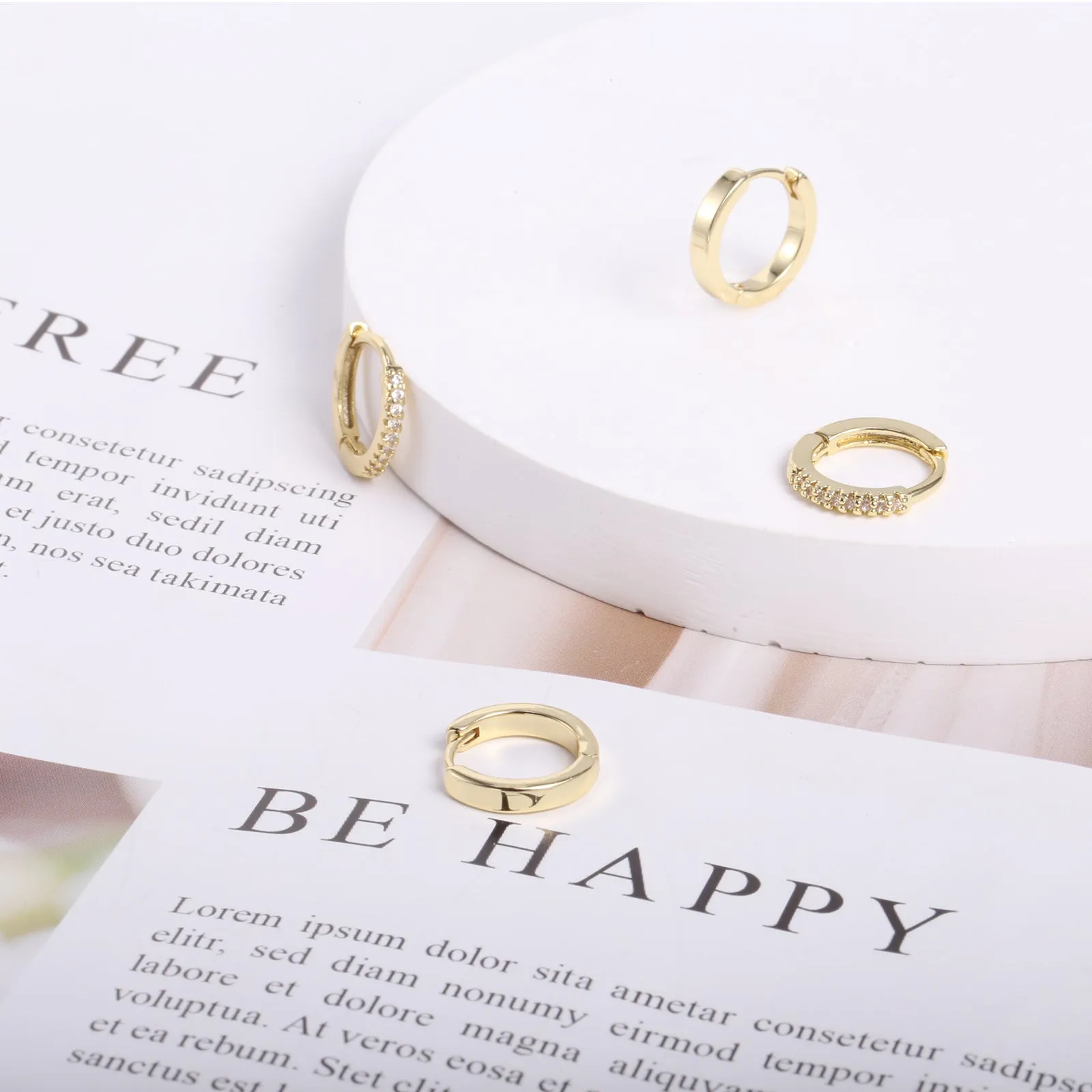 2 Pair 14K Gold Huggie Hoop Cubic Zirconia Cuff Earrings